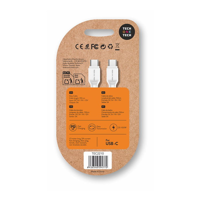 Tech One Tech Cable USB 2.0 Tipo-C a Tipo-C, 100W, 480Mbps, 1.5m, Blanco - TEC2210 Tech One Tech Cable USB 2.0 Tipo-C a Tipo-C, 100W, 480Mbps, 1.5m, Blanco - TEC2210