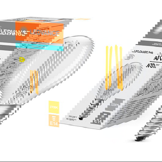 OSRAM LED Classic Filament P 3.4W E14 Transparente - Equivalente 40W, Luz Blanco Cálido 2700K, 470 Lúmenes, Forma A