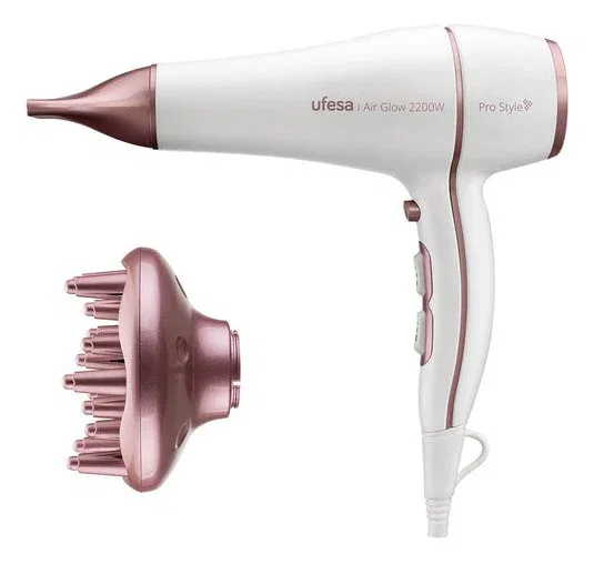 Ufesa Air Sonic Secador de Pelo Profesional 2200W con Motor AC, 2 Velocidades y 3 Temperaturas, Función Aire Frío, Incluye Concentrador y Difusor, Color Rosa y Blanco, Ref. 60306078