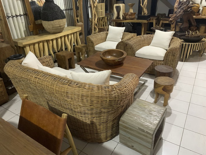 DKD Home Decor Fibre outdoor 23 Sofá Natural Marrón Ratán 88 x 69 x 174 cm con Cojines Algodón Hecho a Mano
