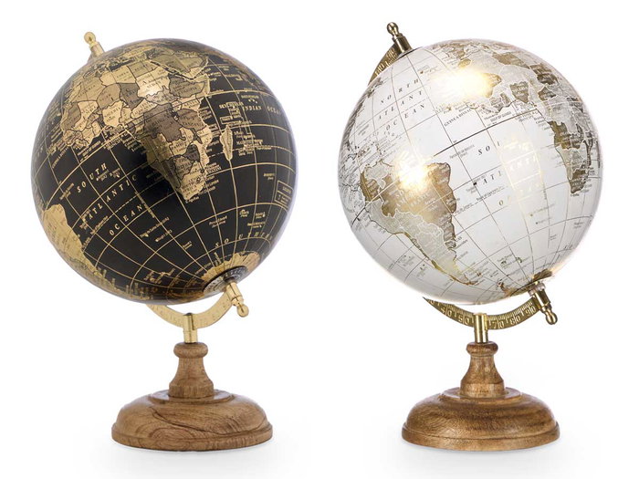 Giftdecor Globo Terráqueo de 20 cm, Color Oro y Negro, Base de Madera y Plástico, Surtido Aleatorio, Ideal para Decoración y Regalo (Set de 6)
