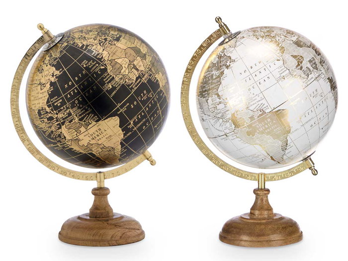 Giftdecor Globo Terráqueo de 20 cm, Color Oro y Negro, Base de Madera y Plástico, Surtido Aleatorio, Ideal para Decoración y Regalo (Set de 6)