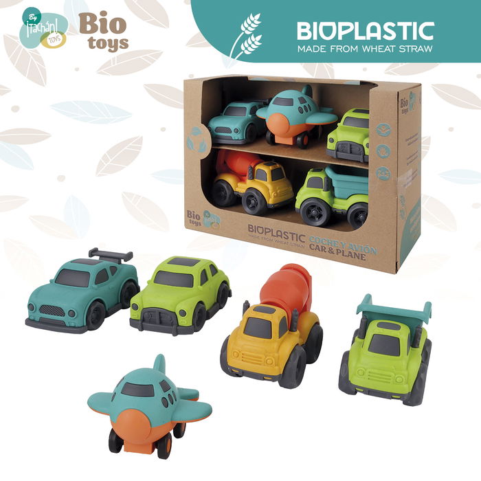 Tachan Set 5 Vehiculos Eco Bio T01043 de Paja de Trigo Camiones Coche Avion Juguete Ecológico +18 Meses