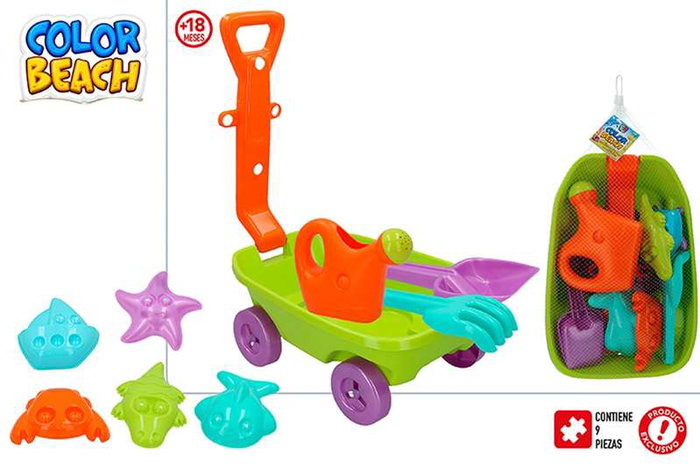 Color Baby Vagoneta de playa de 40 cm con pala, rastrillo, regadera y 5 moldes Color Baby Vagoneta de playa de 40 cm con pala, rastrillo, regadera y 5 moldes