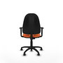 Silla de oficina Algarra con mecanismo Contacto permanente básico tapizada con Tela color Naranja. Equipada con Base poliamida negra, Brazos 1D y Ruedas autofrenantes