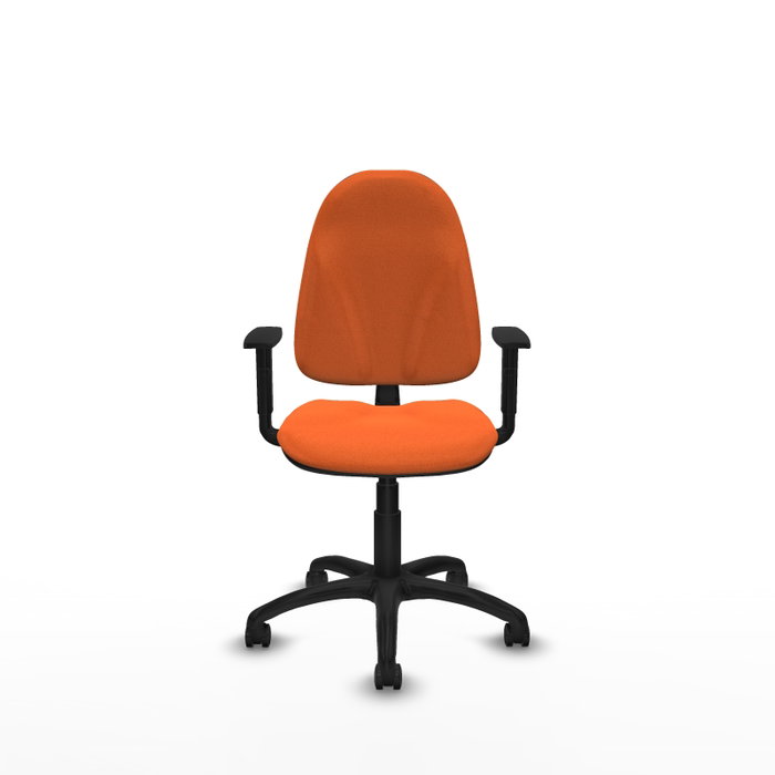 Silla de oficina Algarra con mecanismo Contacto permanente básico tapizada con Tela color Naranja. Equipada con Base poliamida negra, Brazos 1D y Ruedas autofrenantes
