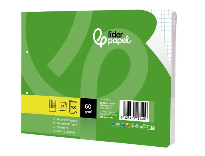 Liderpapel Recambio Cuarto Apaisado 100 Hojas 60gr Cuadro 3 mm 2 Taladros con Margen Liderpapel Recambio Cuarto Apaisado 100 Hojas 60gr Cuadro 3 mm 2 Taladros con Margen