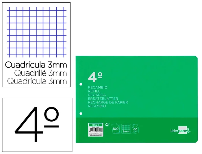 Liderpapel Recambio Cuarto Apaisado 100 Hojas 60gr Cuadro 3 mm 2 Taladros con Margen Liderpapel Recambio Cuarto Apaisado 100 Hojas 60gr Cuadro 3 mm 2 Taladros con Margen