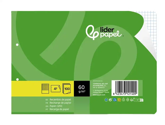 Liderpapel Recambio Cuarto Apaisado 100 Hojas 60gr Cuadro 3 mm 2 Taladros con Margen Liderpapel Recambio Cuarto Apaisado 100 Hojas 60gr Cuadro 3 mm 2 Taladros con Margen
