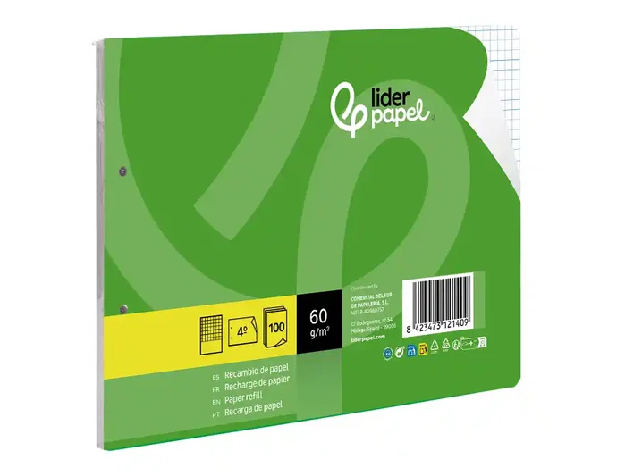 Liderpapel Recambio Cuarto Apaisado 100 Hojas 60gr Cuadro 3 mm 2 Taladros con Margen Liderpapel Recambio Cuarto Apaisado 100 Hojas 60gr Cuadro 3 mm 2 Taladros con Margen
