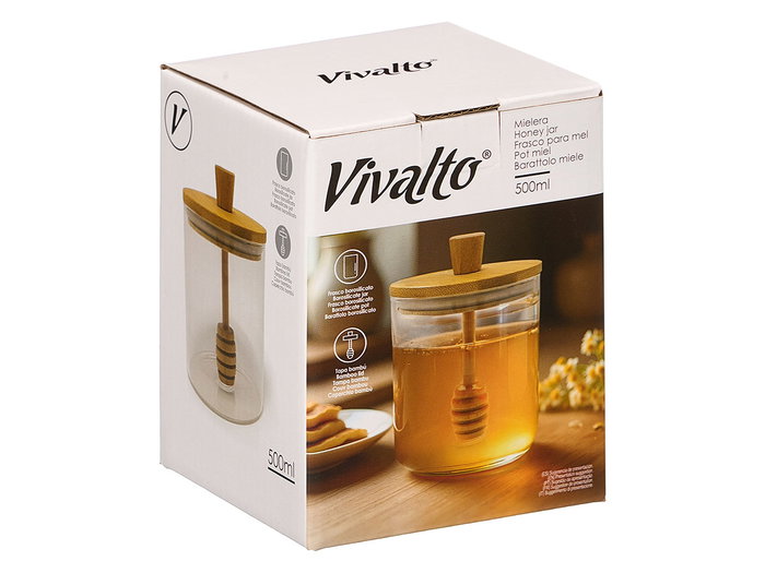 VIVALTO Mielera de Borosilicato con Tapa de Bambú 500ml VIVALTO Mielera de Borosilicato con Tapa de Bambú 500ml