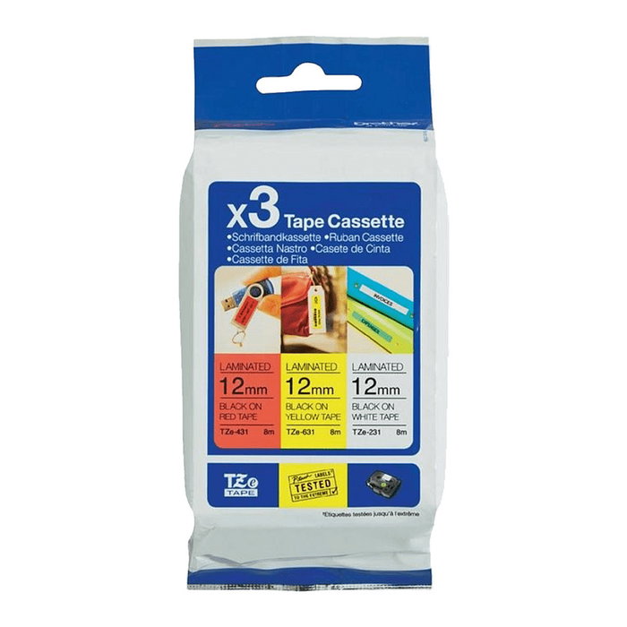 Brother TZe-31M3 Pack de 3 Cintas de Etiquetado de 12 mm (Blanco, Rojo, Amarillo) de Texto Negro Brother TZe-31M3 Pack de 3 Cintas de Etiquetado de 12 mm (Blanco, Rojo, Amarillo) de Texto Negro