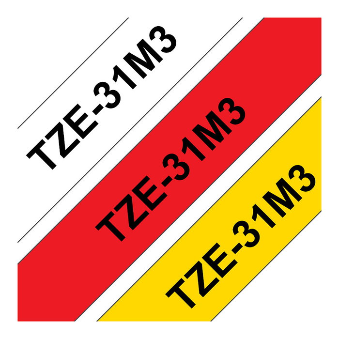 Brother TZe-31M3 Pack de 3 Cintas de Etiquetado de 12 mm (Blanco, Rojo, Amarillo) de Texto Negro Brother TZe-31M3 Pack de 3 Cintas de Etiquetado de 12 mm (Blanco, Rojo, Amarillo) de Texto Negro