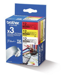 Brother TZe-31M3 Pack de 3 Cintas de Etiquetado de 12 mm (Blanco, Rojo, Amarillo) de Texto Negro