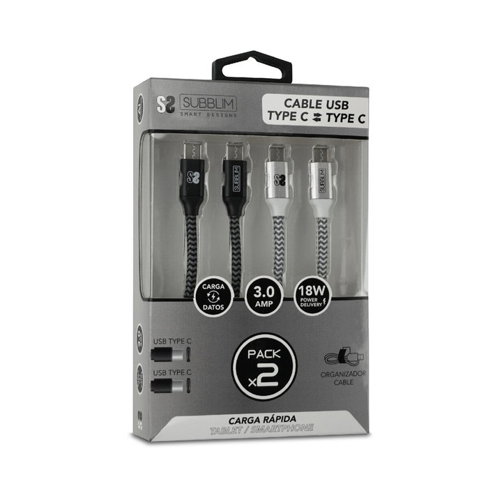 Subblim Pack de 2 Cables USB C a USB C 1m Negro/Plata, SUB-CAB-4CC001