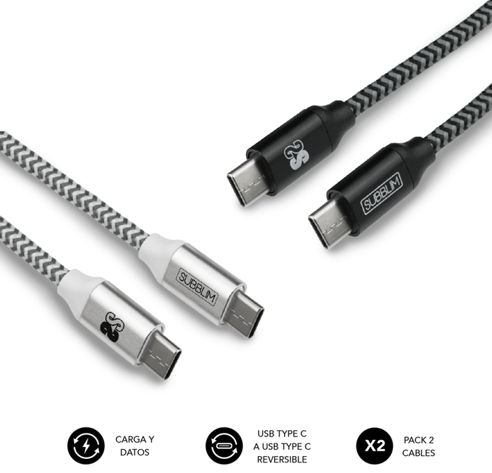 Subblim Pack de 2 Cables USB C a USB C 1m Negro/Plata, SUB-CAB-4CC001