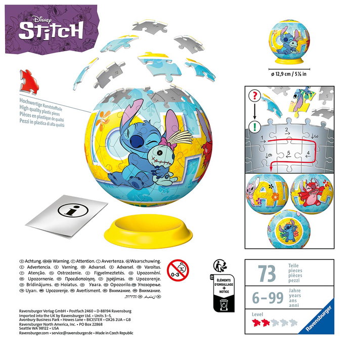 Ravensburger Puzzle Ball 3D Stitch 11596 Rompecabezas 3D con Tecnología Easy Click de Disney para +6 Años