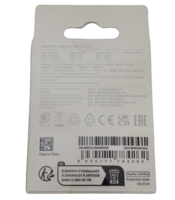 Xiaomi BHR6032GL Cable USB-A a USB-C 6A 1 Metro Blanco Carga Rápida TPE