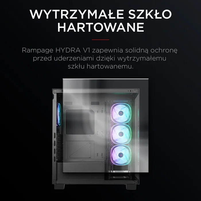 Rampage Hydra V1 Obudowa PC E-ATX, 4x ventilador, USB C/USB A, ARGB + hub, negra