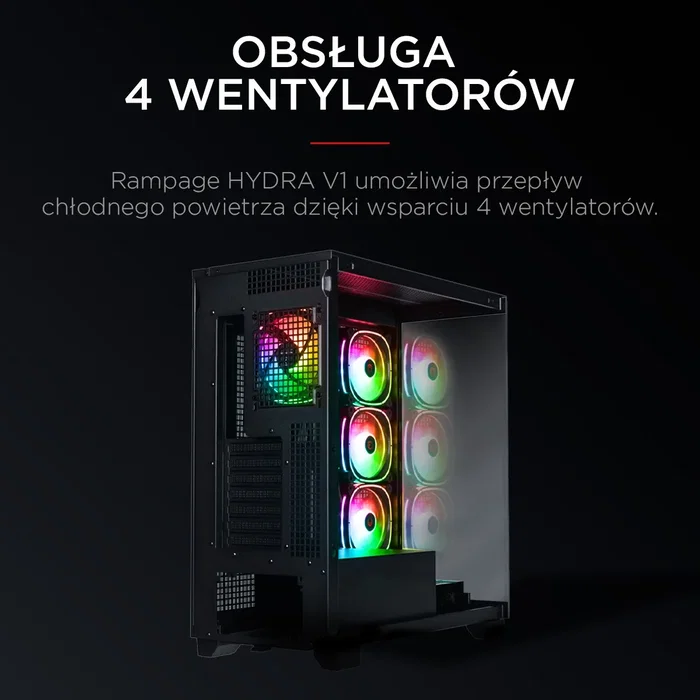 Rampage Hydra V1 Obudowa PC E-ATX, 4x ventilador, USB C/USB A, ARGB + hub, negra