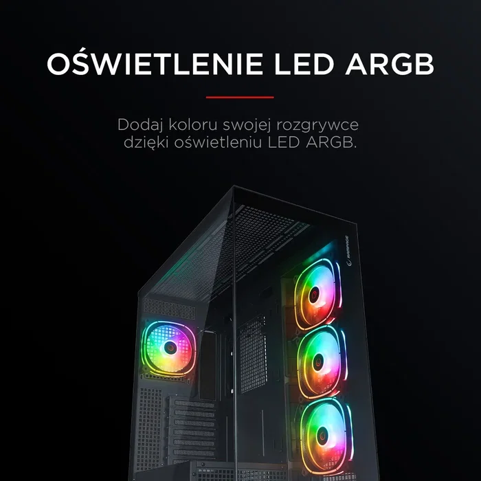 Rampage Hydra V1 Obudowa PC E-ATX, 4x ventilador, USB C/USB A, ARGB + hub, negra