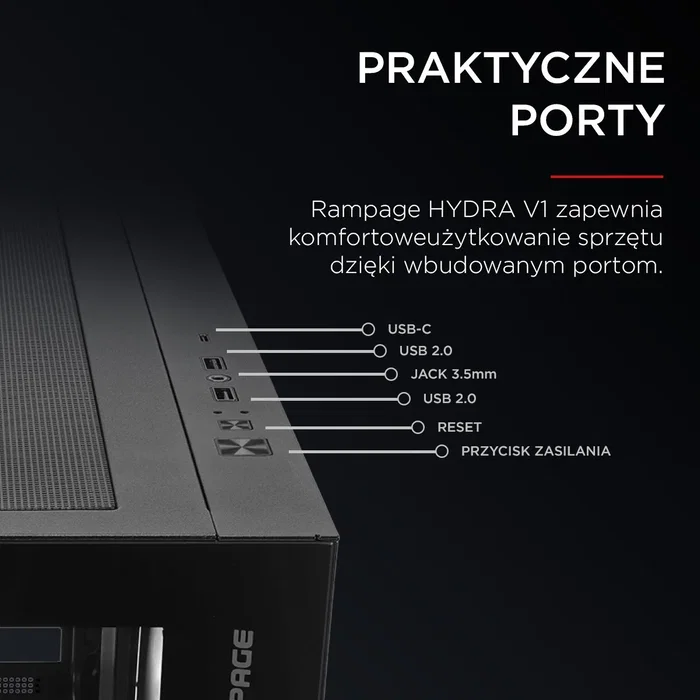 Rampage Hydra V1 Obudowa PC E-ATX, 4x ventilador, USB C/USB A, ARGB + hub, negra