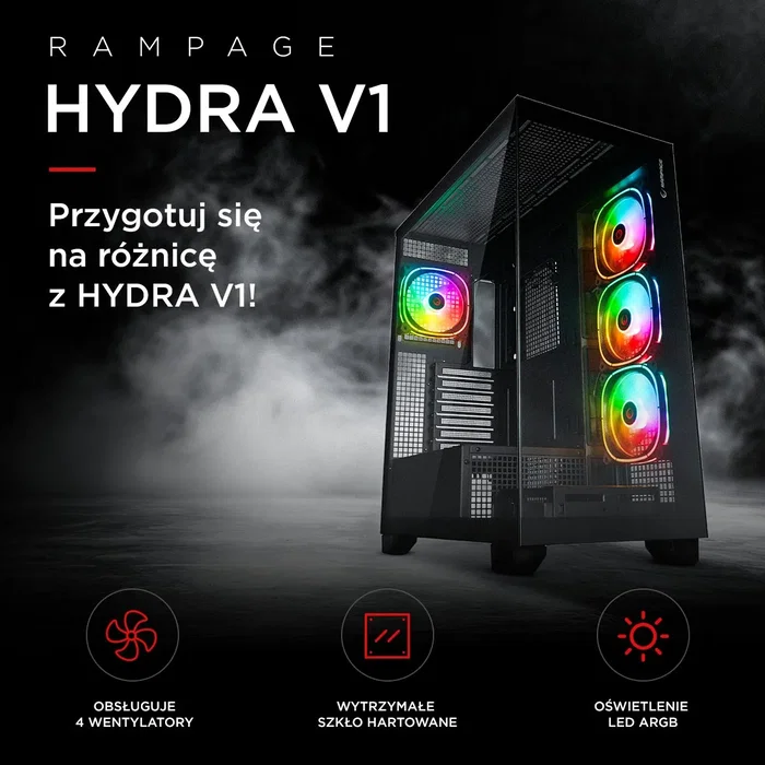 Rampage Hydra V1 Obudowa PC E-ATX, 4x ventilador, USB C/USB A, ARGB + hub, negra