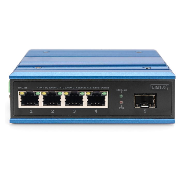 Digitus Conmutador Industrial Fast Ethernet de 4 Puertos, No Gestionado, con 1 Uplink SFP, 10/100 Mbps, Montaje en Carril DIN, IP40, Negro/Azul