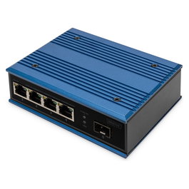 Digitus Conmutador Industrial Fast Ethernet de 4 Puertos, No Gestionado, con 1 Uplink SFP, 10/100 Mbps, Montaje en Carril DIN, IP40, Negro/Azul
