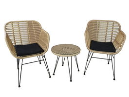 DKD Home Decor Set de 3 Mesas para Terraza y Jardin, 57.5 x 82 x 56 cm, Marron Claro y Negro, con Cojin y Desmontable, Material: Metal, Ratan, Poliester, Cristal