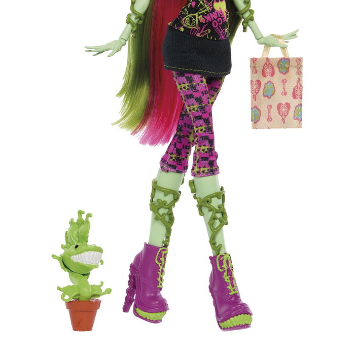 Monster High Muñeca Venus McFlytrap JHK58 - Muñeca coleccionable con Chewlian, accesorios y pelo rosa y verde