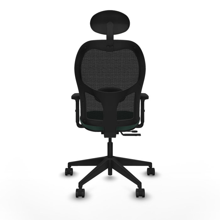 Silla de oficina Alocén con mecanismo Sincro/Traslack tapizada con Tela color Verde botella y malla color Negro. Equipada con lumbar 1D, Brazos 2D, Cabecero Fijo y Ruedas 65mm nailon
