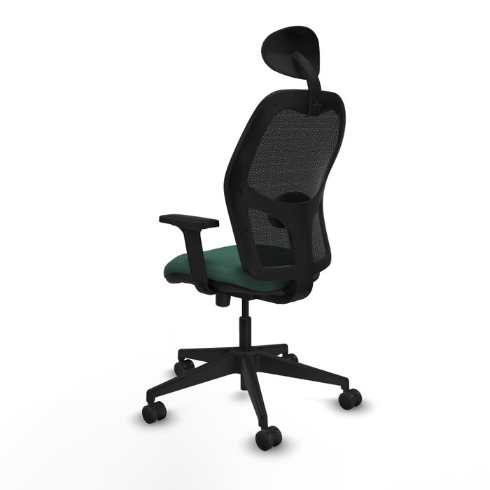 Silla de oficina Alocén con mecanismo Sincro/Traslack tapizada con Tela color Verde botella y malla color Negro. Equipada con lumbar 1D, Brazos 2D, Cabecero Fijo y Ruedas 65mm nailon