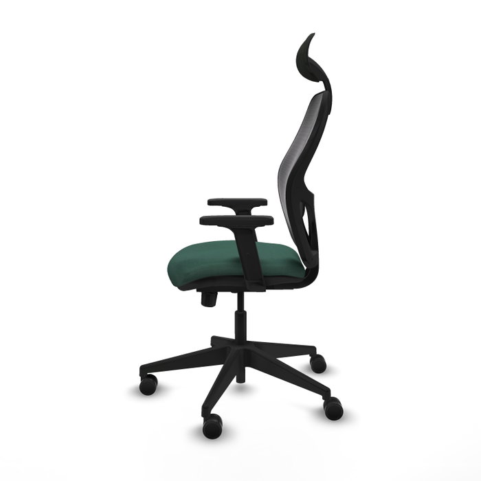 Silla de oficina Alocén con mecanismo Sincro/Traslack tapizada con Tela color Verde botella y malla color Negro. Equipada con lumbar 1D, Brazos 2D, Cabecero Fijo y Ruedas 65mm nailon