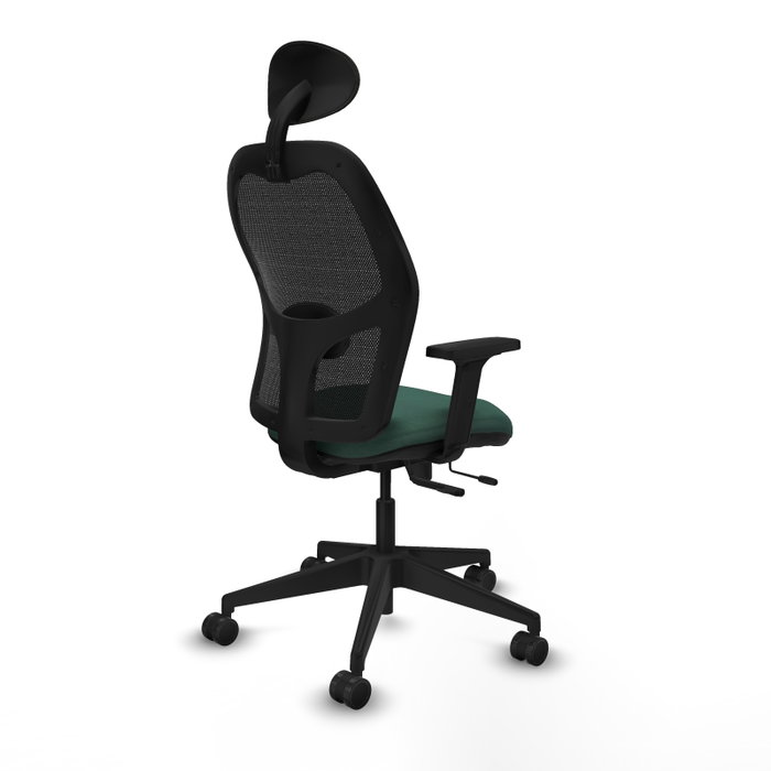 Silla de oficina Alocén con mecanismo Sincro/Traslack tapizada con Tela color Verde botella y malla color Negro. Equipada con lumbar 1D, Brazos 2D, Cabecero Fijo y Ruedas 65mm nailon