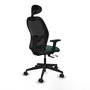 Silla de oficina Alocén con mecanismo Sincro/Traslack tapizada con Tela color Verde botella y malla color Negro. Equipada con lumbar 1D, Brazos 2D, Cabecero Fijo y Ruedas 65mm nailon