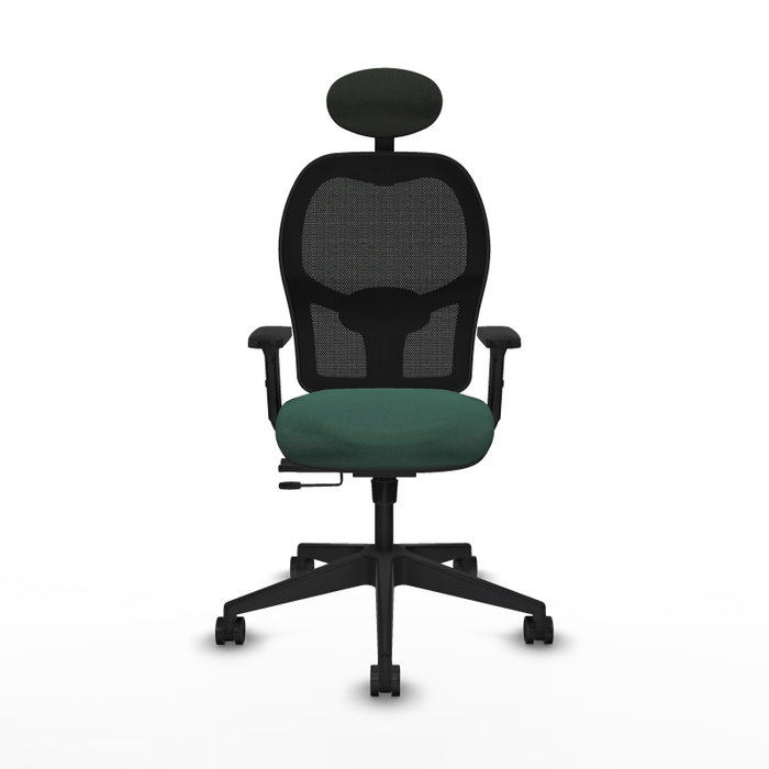 Silla de oficina Alocén con mecanismo Sincro/Traslack tapizada con Tela color Verde botella y malla color Negro. Equipada con lumbar 1D, Brazos 2D, Cabecero Fijo y Ruedas 65mm nailon