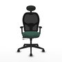Silla de oficina Alocén con mecanismo Sincro/Traslack tapizada con Tela color Verde botella y malla color Negro. Equipada con lumbar 1D, Brazos 2D, Cabecero Fijo y Ruedas 65mm nailon