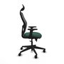 Silla de oficina Alocén con mecanismo Sincro/Traslack tapizada con Tela color Verde botella y malla color Negro. Equipada con lumbar 1D, Brazos 2D, Cabecero Fijo y Ruedas 65mm nailon