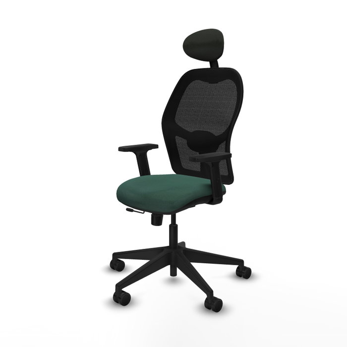 Silla de oficina Alocén con mecanismo Sincro/Traslack tapizada con Tela color Verde botella y malla color Negro. Equipada con lumbar 1D, Brazos 2D, Cabecero Fijo y Ruedas 65mm nailon