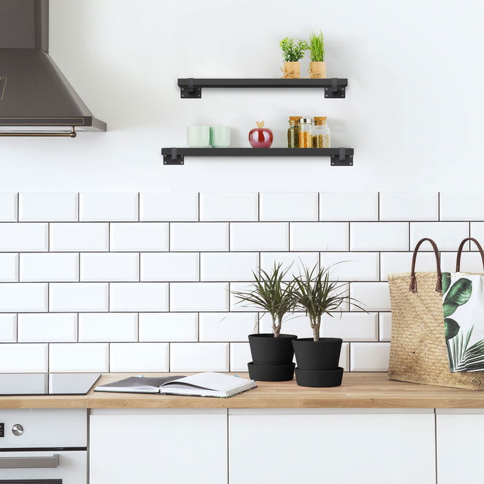 Emuca Juego de soportes para estante de madera Shelf recto de tubo cuadrado, Acero, Pintado negro