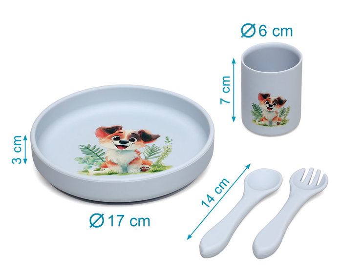 KioKids Vajilla de Silicona con Ventosa para Bebé Lovely Friends, Plato, Vaso y Cubiertos, Kit BLW, Azul, +6 Meses, 100% Grado Alimenticio, Lavavajillas, Microondas