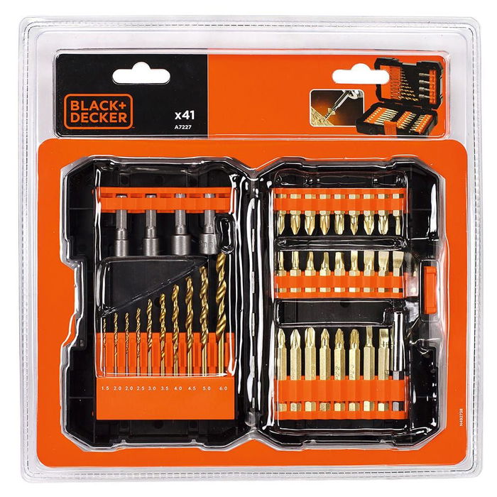 Black+Decker Juego de Brocas y Puntas de Titanio 41 Piezas para Taladro y Destornillador - 10 Brocas Metal, 4 Vasos Hexagonales, 18 Puntas, Adaptador Magnético Black+Decker Juego de Brocas y Puntas de Titanio 41 Piezas para Taladro y Destornillador - 10 Brocas Metal, 4 Vasos Hexagonales, 18 Puntas, Adaptador Magnético