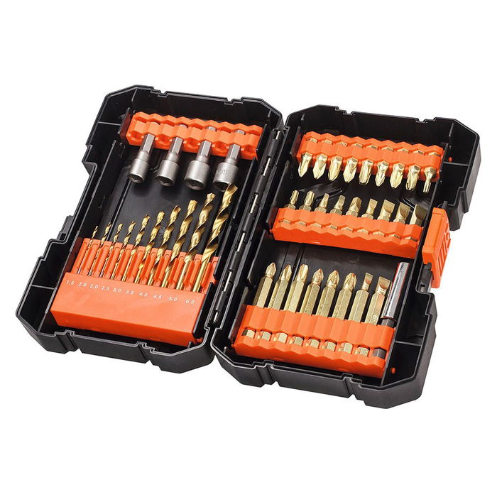 Black+Decker Juego de Brocas y Puntas de Titanio 41 Piezas para Taladro y Destornillador - 10 Brocas Metal, 4 Vasos Hexagonales, 18 Puntas, Adaptador Magnético Black+Decker Juego de Brocas y Puntas de Titanio 41 Piezas para Taladro y Destornillador - 10 Brocas Metal, 4 Vasos Hexagonales, 18 Puntas, Adaptador Magnético