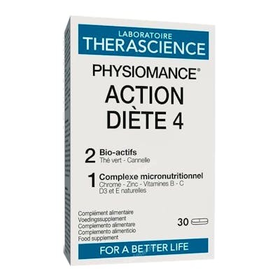 TheraScience Physiomance Accion Dieta 4 Complemento Alimenticio, 30 Comprimidos - Con Extracto Té Verde, Canela, Vitaminas y Minerales TheraScience Physiomance Accion Dieta 4 Complemento Alimenticio, 30 Comprimidos - Con Extracto Té Verde, Canela, Vitaminas y Minerales