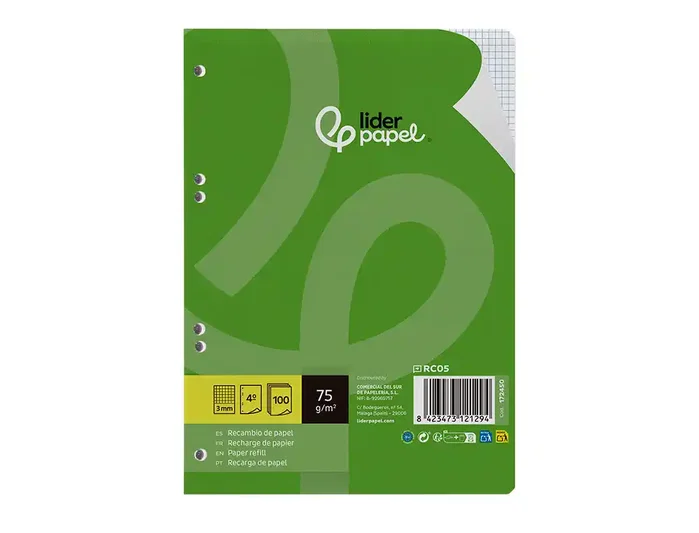 Liderpapel Recambio A5 100 Hojas Cuadro 3mm con Margen 6 Taladros Liderpapel Recambio A5 100 Hojas Cuadro 3mm con Margen 6 Taladros