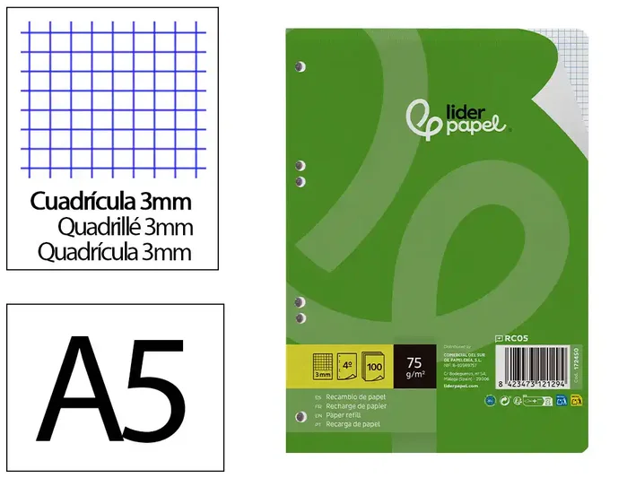 Liderpapel Recambio A5 100 Hojas Cuadro 3mm con Margen 6 Taladros Liderpapel Recambio A5 100 Hojas Cuadro 3mm con Margen 6 Taladros