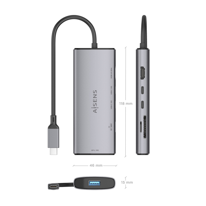 AISENS USB-C Dock 6 en 1 con HDMI 4K, USB-A y USB-C 10G, Gris