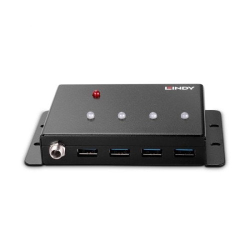 LINDY Hub USB 3.2 Gen 1 (5 Gbit/s) con 4 Puertos Tipo-A, Modelo 43374, Interfaz Host USB-B, Carcasa de Metal, Negro