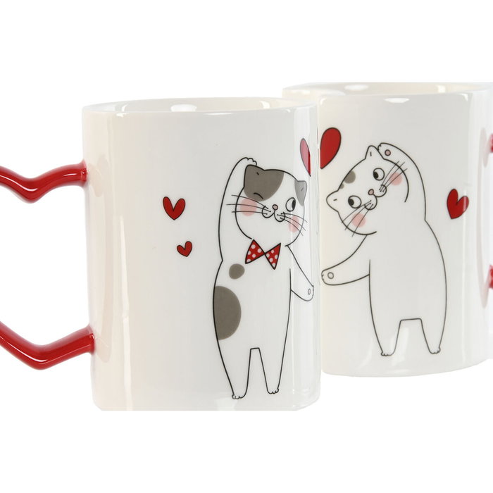 DKD Home Decor Set de 2 Tazas de Porcelana Gatos Love Rojo y Blanco